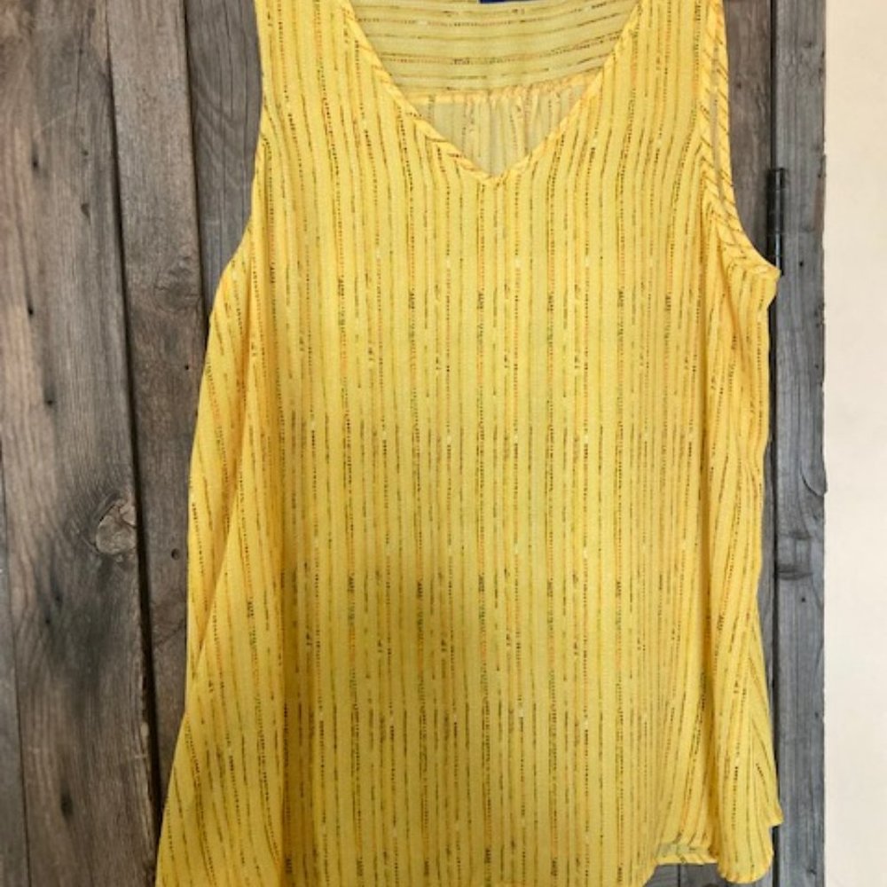 Apt 9 yellow top with multi color dotted stripes, 100% polyester, size L